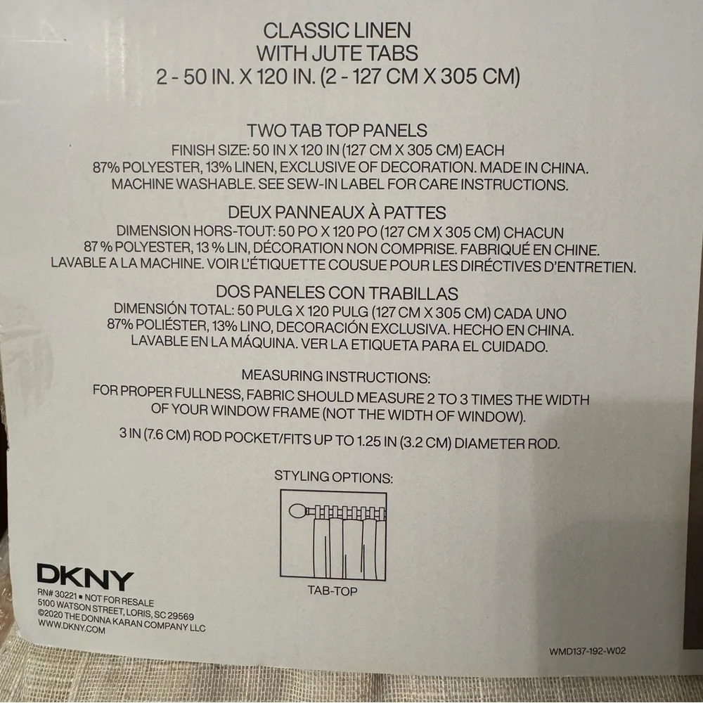 DKNY 1-50”x 120” Classic Linen Sheer Tap Top Panels